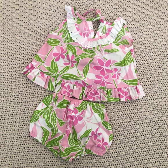 ALOHA Hawaiian Floral 6 Months Baby Set Island USA Tropical pink green white - Picture 1 of 8